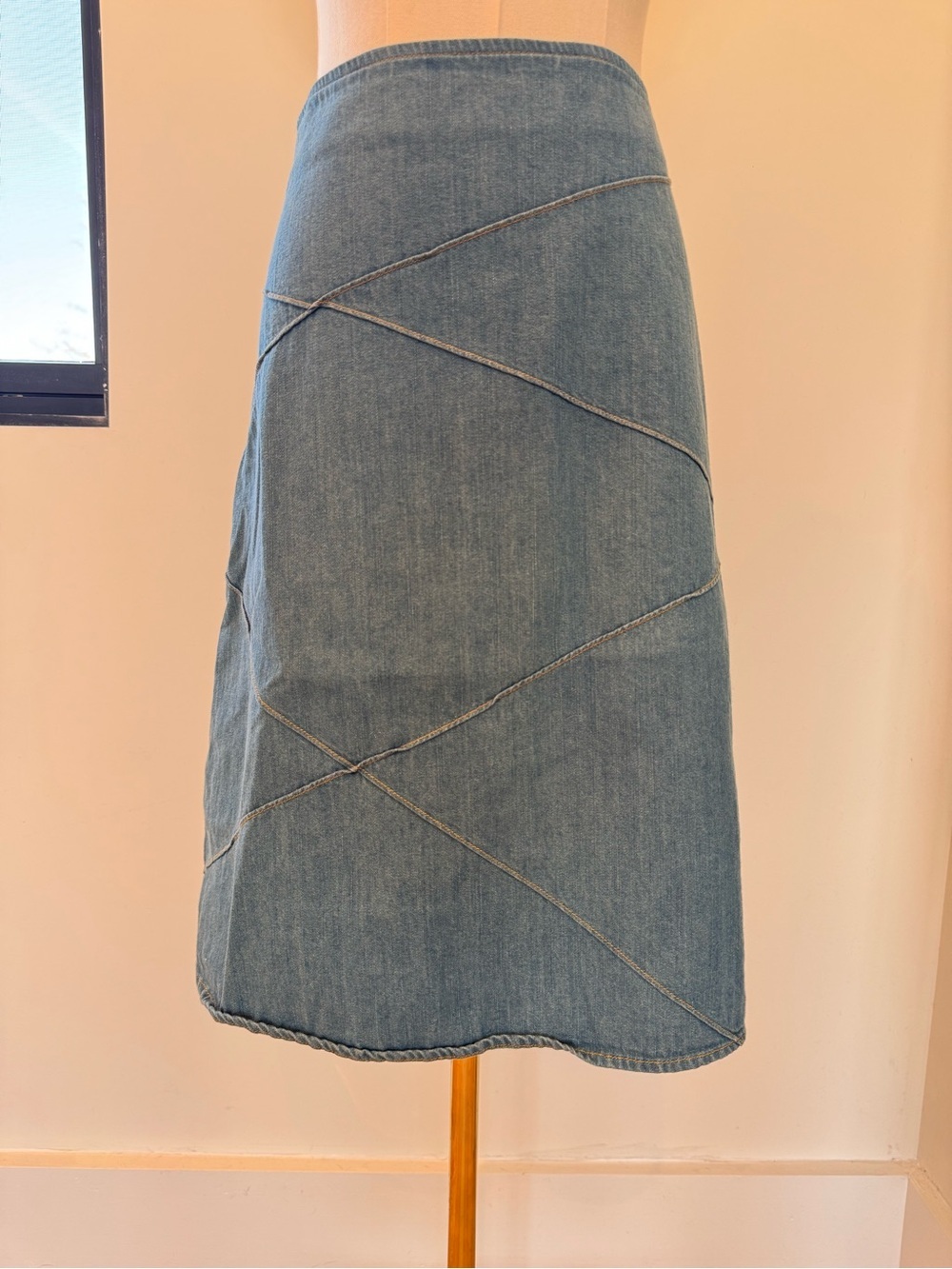 Jones New York Blue Denim Paneled Midi Side Zip Skirt Boho Western Cowgirl